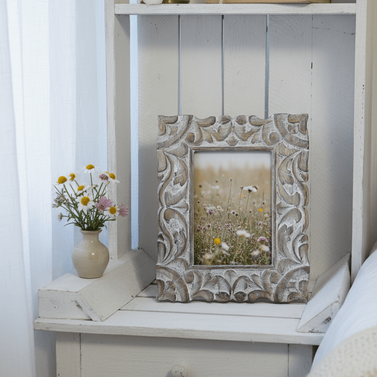 Bilderrahmen Shabby Chic, aus Holz mit Schnitzereien in Weiß-Braun {{ Shabby Chic und Landhaus Deko }} {{ www.Stein-Alt.de }}