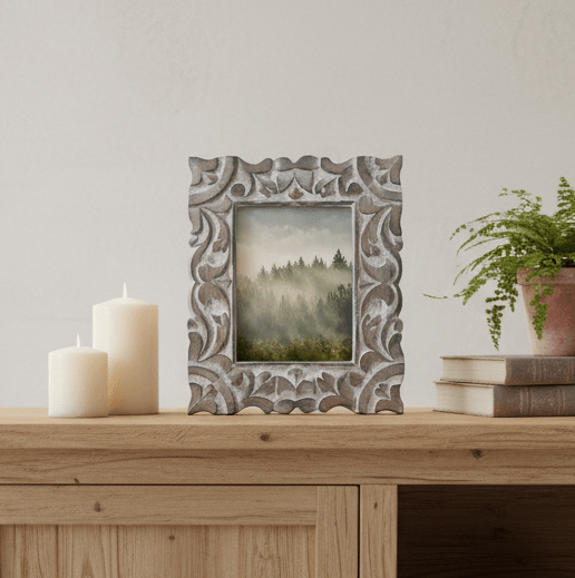 Bilderrahmen Shabby Chic, aus Holz mit Schnitzereien in Weiß-Braun {{ Shabby Chic und Landhaus Deko }} {{ www.Stein-Alt.de }}