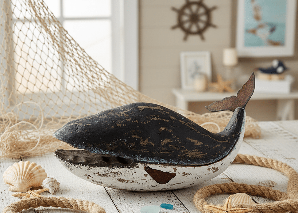 Blauwal Skulptur aus Holz - Maritime Deko im Vintage-Stil {{ Shabby Chic und Landhaus Deko }} {{ www.Stein-Alt.de }}