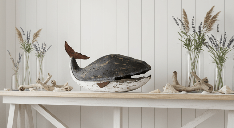 Blauwal Skulptur aus Holz - Maritime Deko im Vintage-Stil {{ Shabby Chic und Landhaus Deko }} {{ www.Stein-Alt.de }}