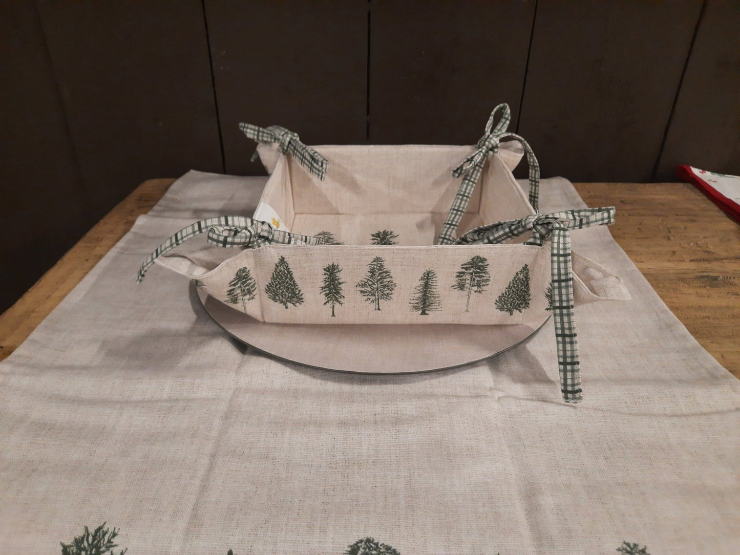 Brotkorb Baumwolle Winterwald Weihnachten Beige-Grün 35x35 cm {{ Shabby Chic und Landhaus Deko }} {{ www.Stein-Alt.de }}