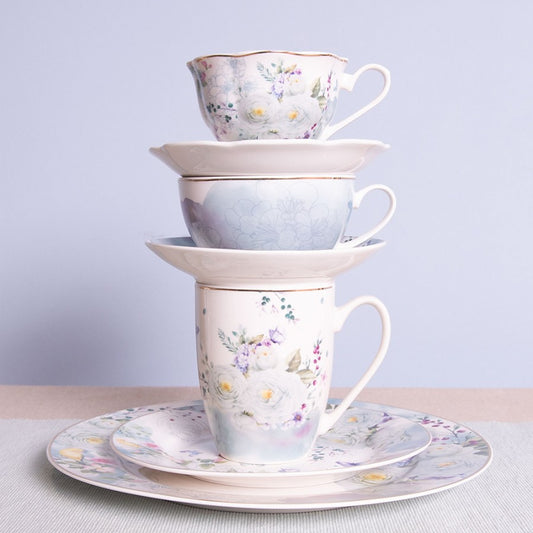 Porzellan Geschirr Blumen & Schmetterlinge Blau-Weiß - Landhausstil Mix & Match