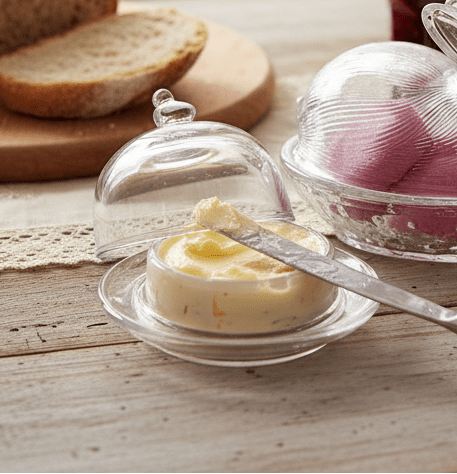 Butterdose Glas mit Vogelgriff - Landhausstil Transparent Rund {{ Shabby Chic und Landhaus Deko }} {{ www.Stein-Alt.de }}