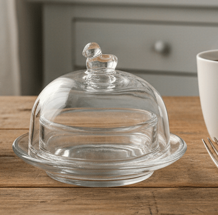 Butterdose Glas mit Vogelgriff - Landhausstil Transparent Rund {{ Shabby Chic und Landhaus Deko }} {{ www.Stein-Alt.de }}
