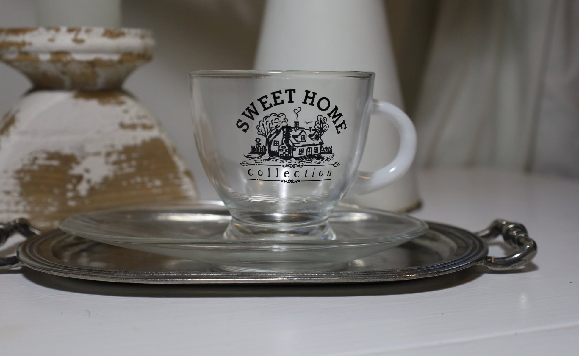 Cafe Tasse mit Untertasse 230ml Glas Sweet Home - Landhausstil {{ Shabby Chic und Landhaus Deko }} {{ www.Stein-Alt.de }}