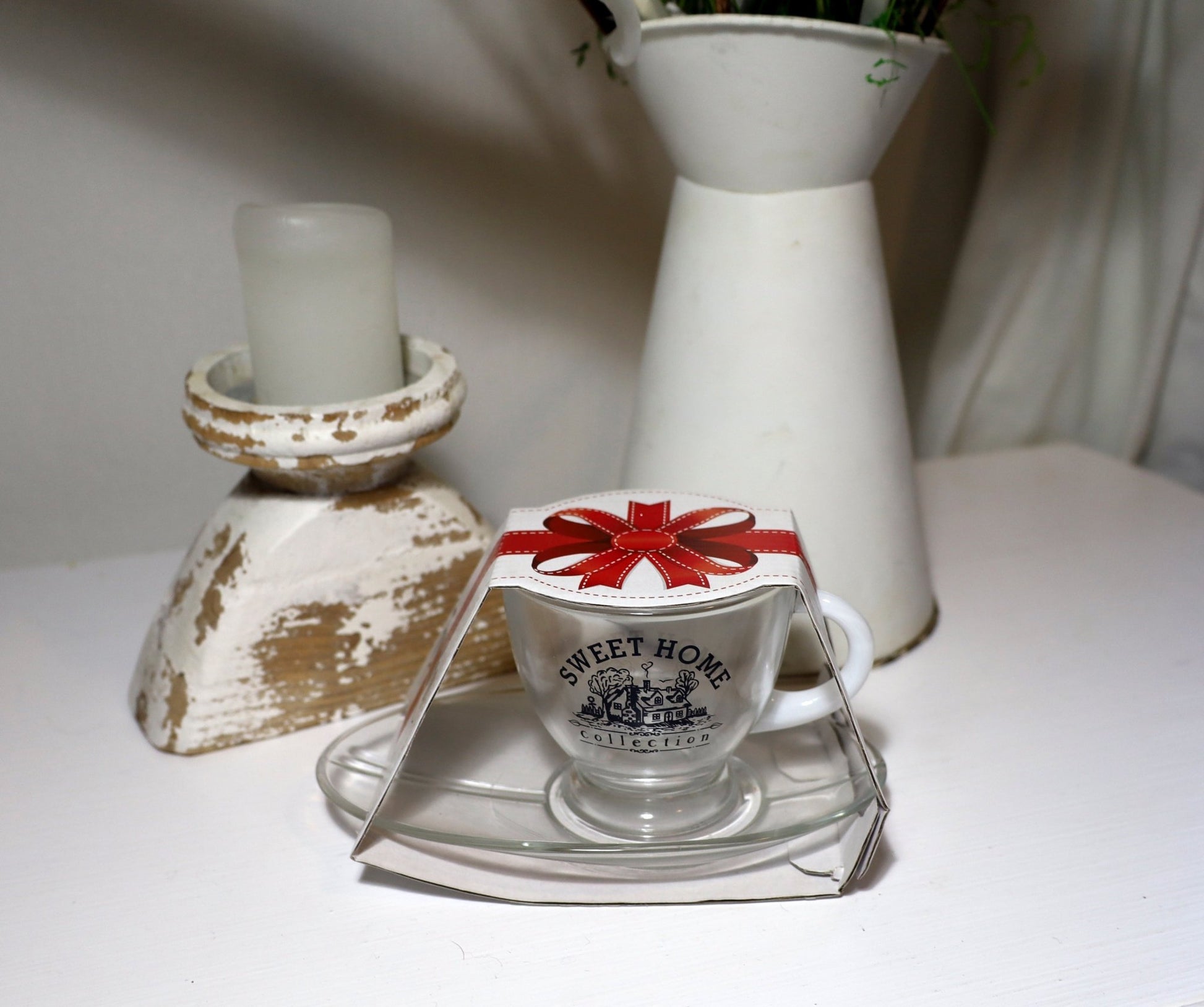 Cafe Tasse mit Untertasse 230ml Glas Sweet Home - Landhausstil {{ Shabby Chic und Landhaus Deko }} {{ www.Stein-Alt.de }}