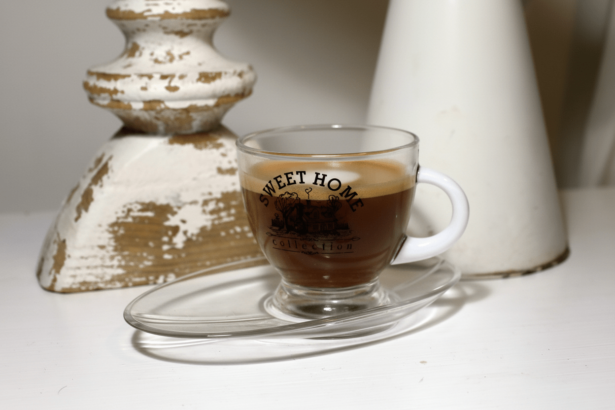 Cafe Tasse mit Untertasse 230ml Glas Sweet Home - Landhausstil {{ Shabby Chic und Landhaus Deko }} {{ www.Stein-Alt.de }}