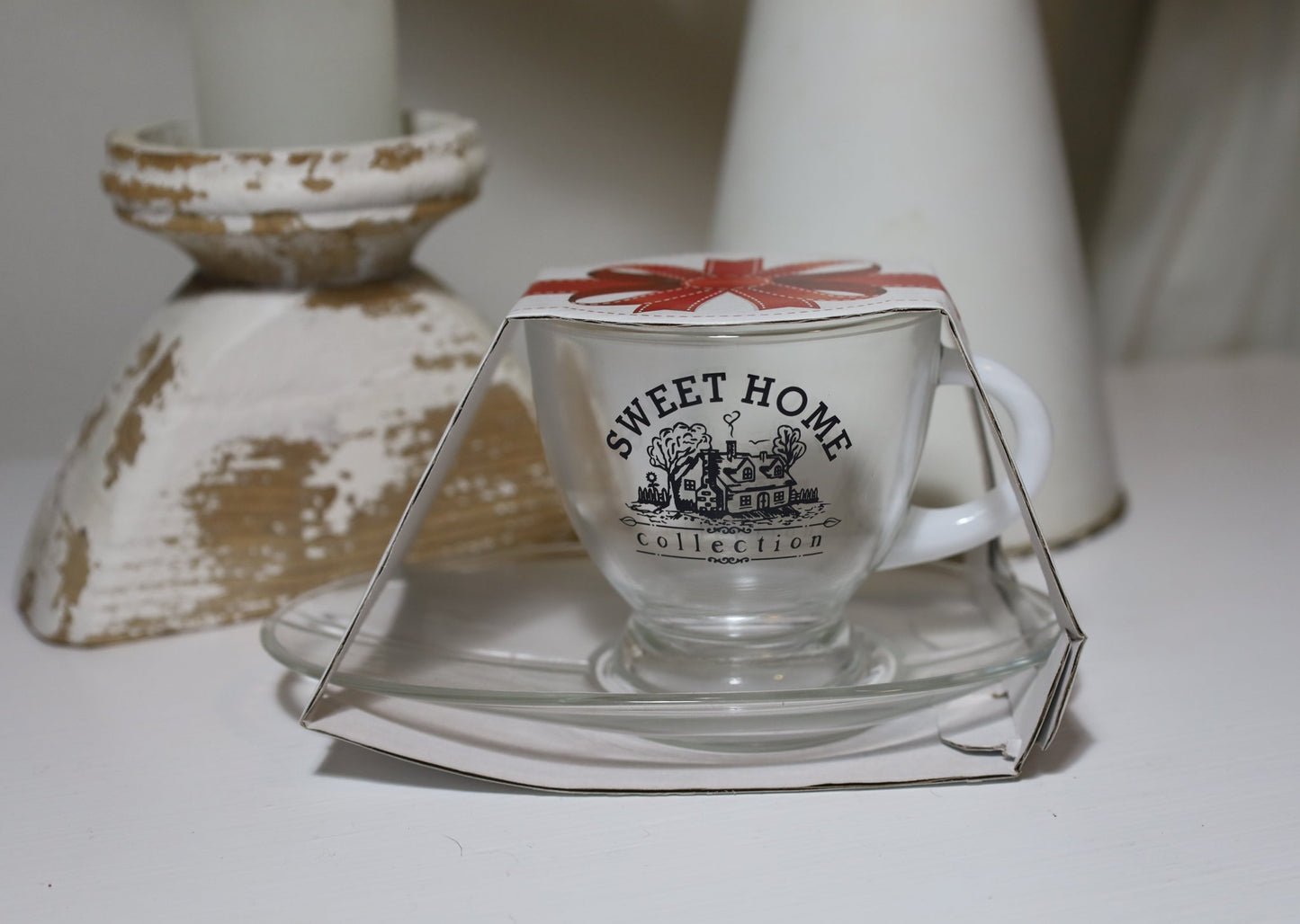 Cafe Tasse mit Untertasse 230ml Glas Sweet Home - Landhausstil {{ Shabby Chic und Landhaus Deko }} {{ www.Stein-Alt.de }}