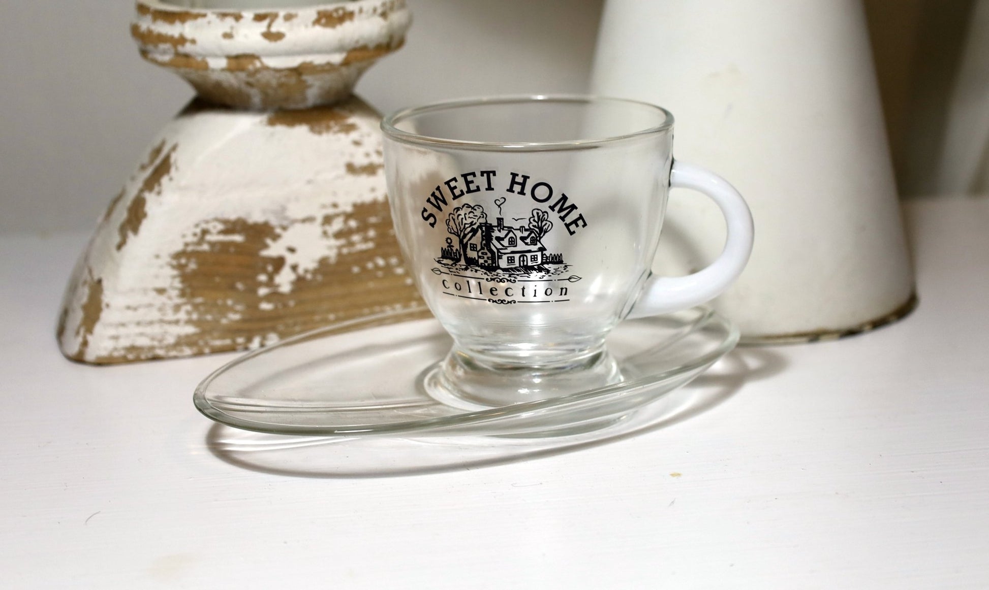 Cafe Tasse mit Untertasse 230ml Glas Sweet Home - Landhausstil {{ Shabby Chic und Landhaus Deko }} {{ www.Stein-Alt.de }}