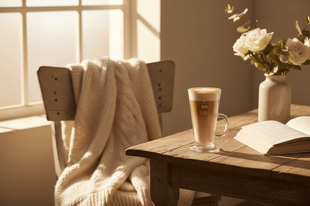 Cafeglas / Teeglas mit Henkel 250ml "Me Time" - Landhausstil {{ Shabby Chic und Landhaus Deko }} {{ www.Stein-Alt.de }}