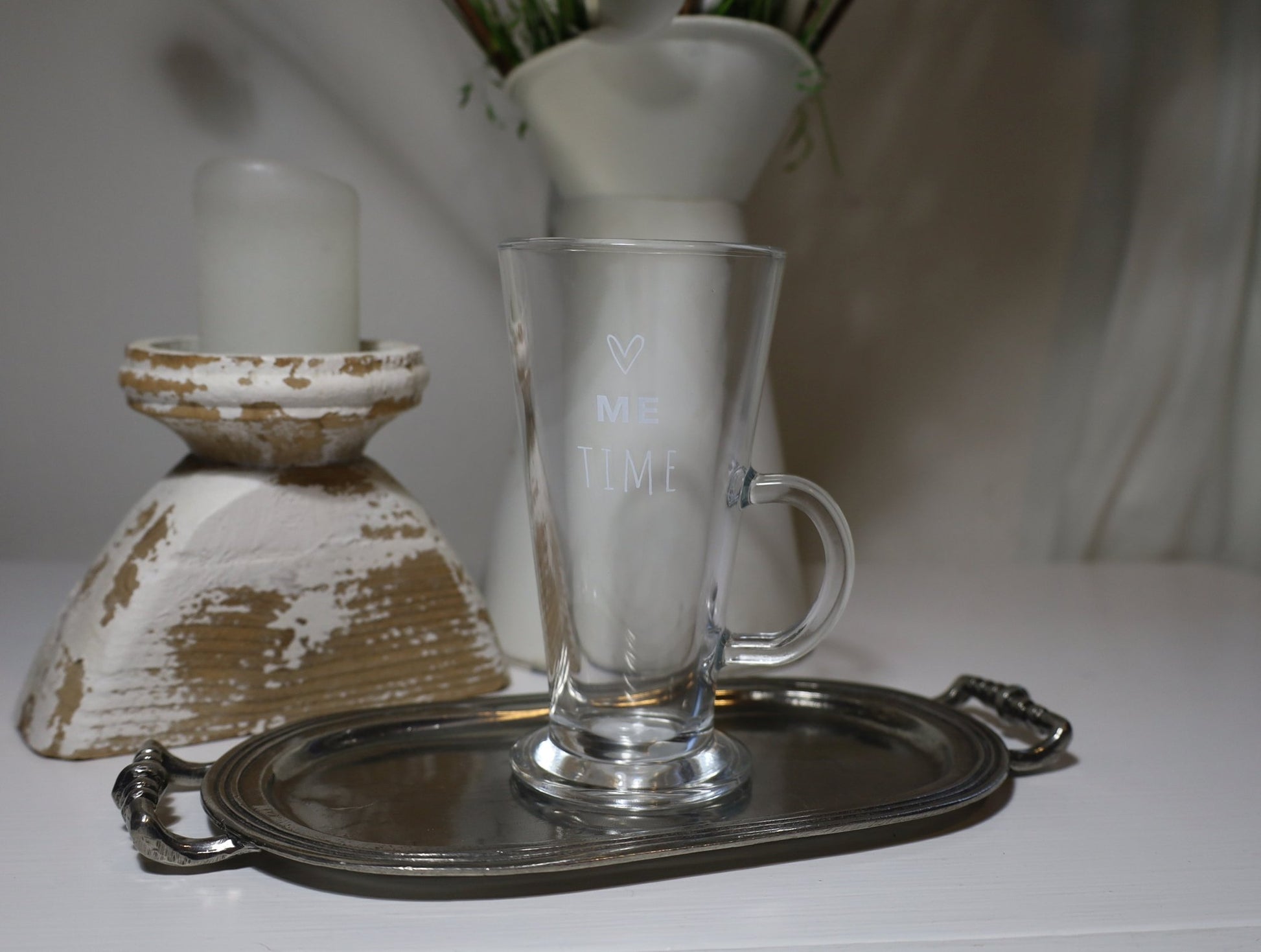 Cafeglas / Teeglas mit Henkel 250ml "Me Time" - Landhausstil {{ Shabby Chic und Landhaus Deko }} {{ www.Stein-Alt.de }}