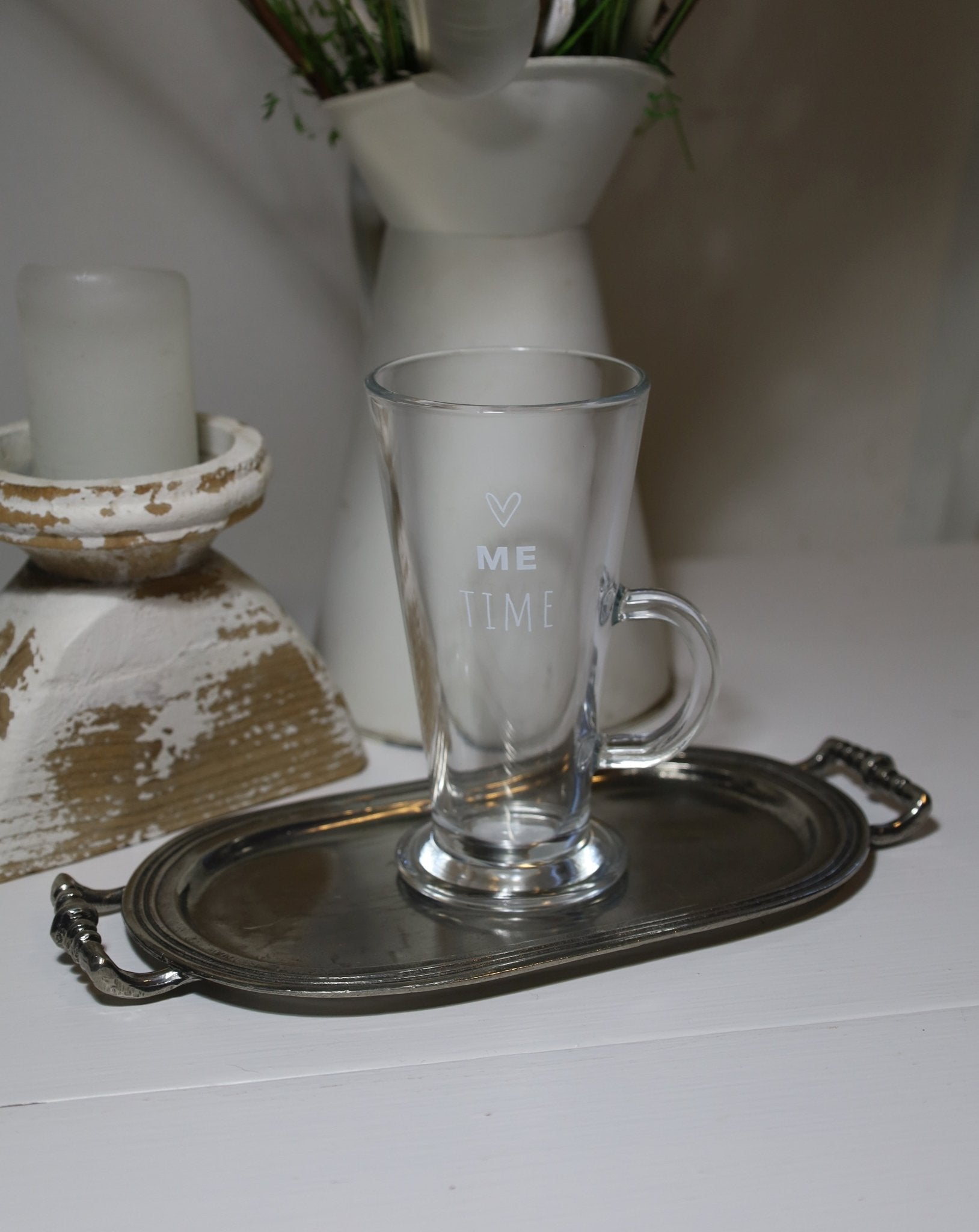 Cafeglas / Teeglas mit Henkel 250ml "Me Time" - Landhausstil {{ Shabby Chic und Landhaus Deko }} {{ www.Stein-Alt.de }}