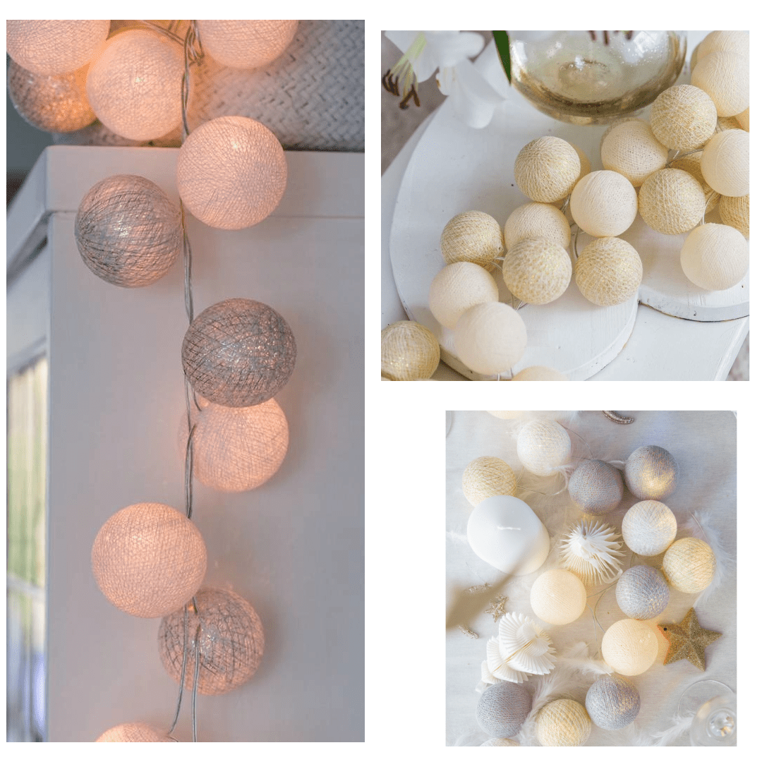 Cotton Ball Lichterkette Weihnachten - 20 LED Warmweiß Silber Gold {{ Shabby Chic und Landhaus Deko }} {{ www.Stein-Alt.de }}