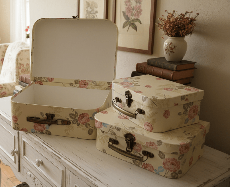 Deko Koffer Set 3-teilig Blumen Gelb Beige - Aufbewahrungsboxen Landhausstil {{ Shabby Chic und Landhaus Deko }} {{ www.Stein-Alt.de }}
