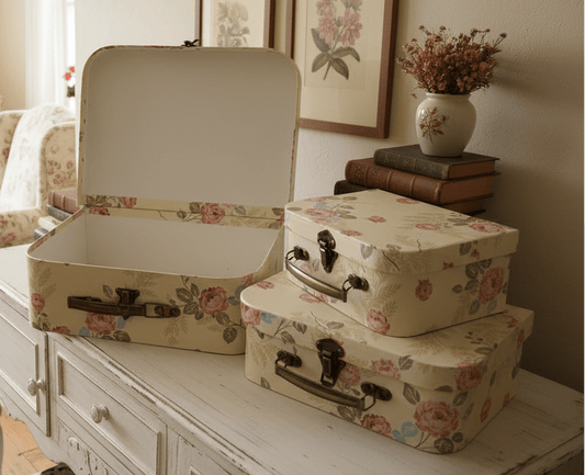 Deko Koffer Set 3-teilig Blumen Gelb Beige - Aufbewahrungsboxen Landhausstil {{ Shabby Chic und Landhaus Deko }} {{ www.Stein-Alt.de }}