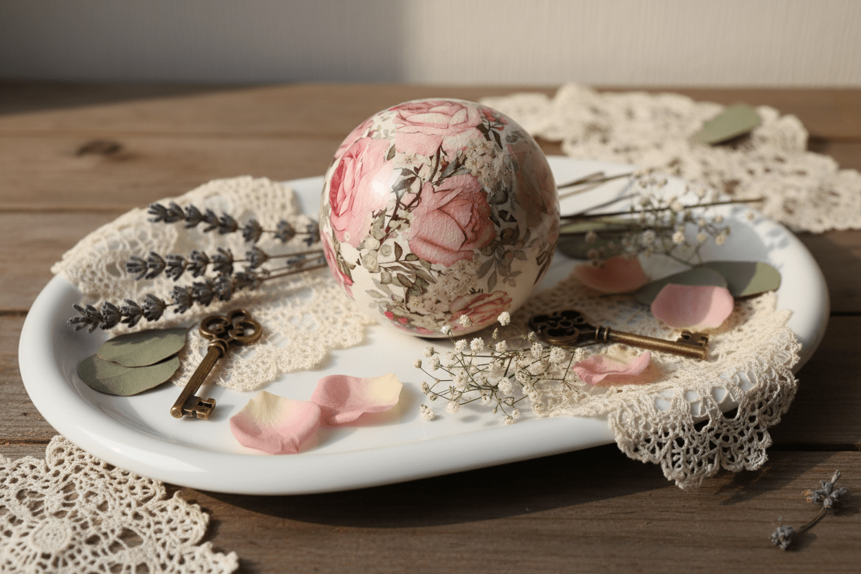 Dekorative Keramik-Kugel mit Rosenmotiv - Shabby Chic Landhaus Deko {{ Shabby Chic und Landhaus Deko }} {{ www.Stein-Alt.de }}