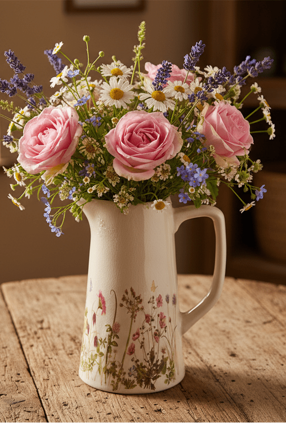 Dekorativer Keramik-Krug mit Wiesenblumen-Motiv - Beige-Rosa Landhausstil {{ Shabby Chic und Landhaus Deko }} {{ www.Stein-Alt.de }}