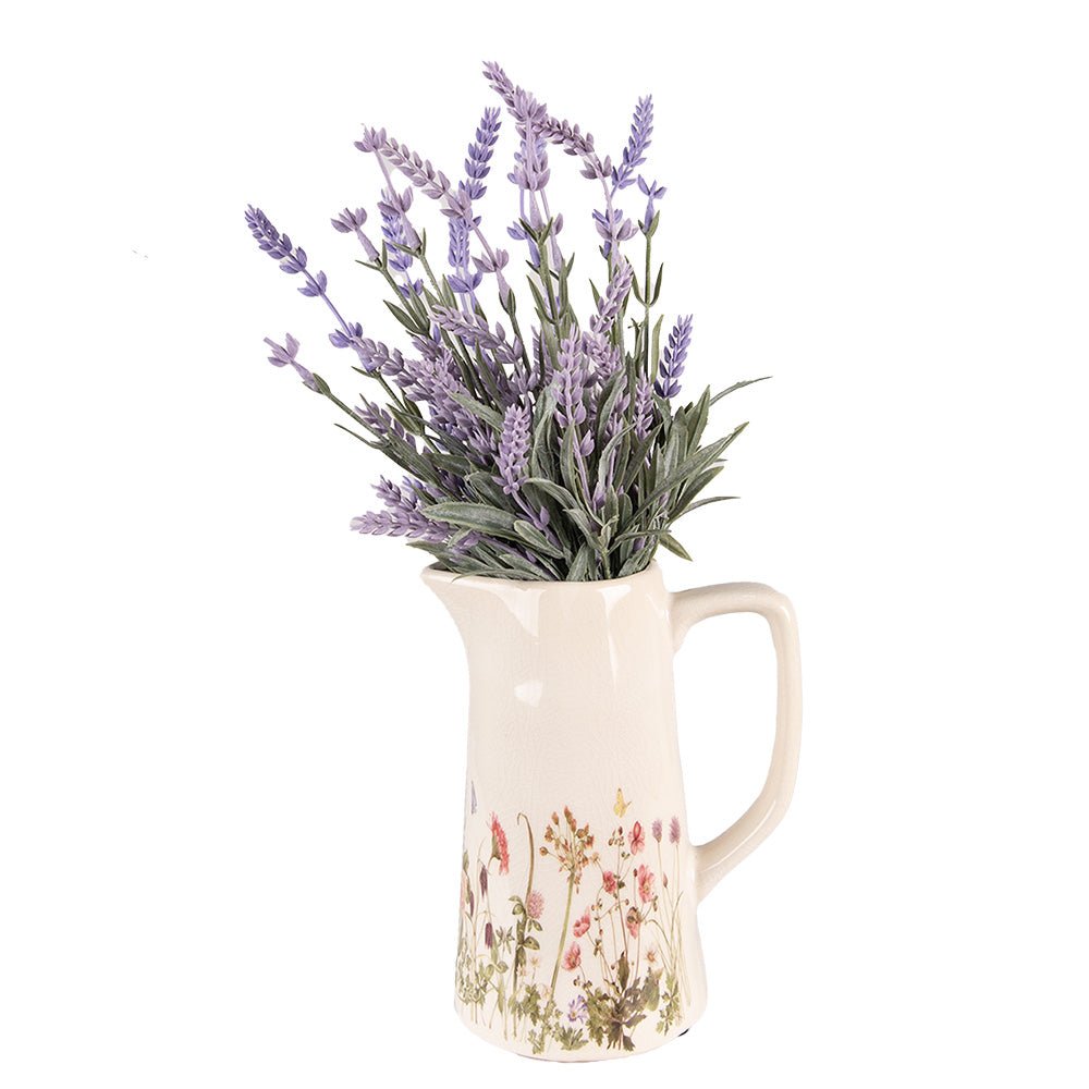 Dekorativer Keramik-Krug mit Wiesenblumen-Motiv - Beige-Rosa Landhausstil {{ Shabby Chic und Landhaus Deko }} {{ www.Stein-Alt.de }}