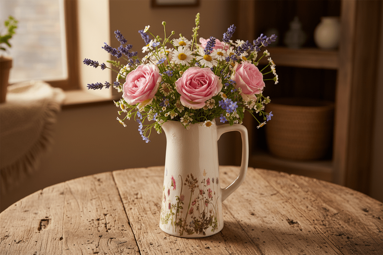Dekorativer Keramik-Krug mit Wiesenblumen-Motiv - Beige-Rosa Landhausstil {{ Shabby Chic und Landhaus Deko }} {{ www.Stein-Alt.de }}