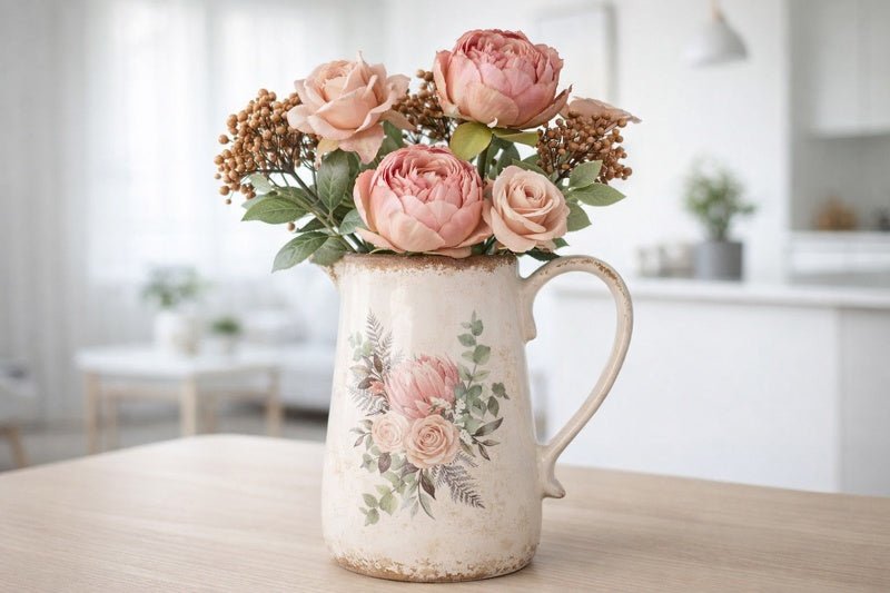 Dekorativer Krug mit Rosenmotiv im Cottage-Stil aus Keramik {{ Shabby Chic und Landhaus Deko }} {{ www.Stein-Alt.de }}