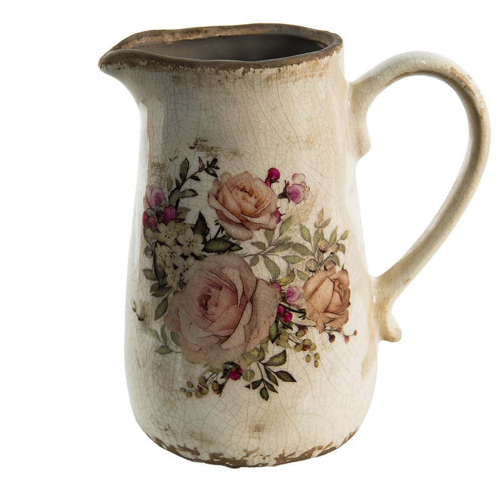 Dekorativer Krug mit Rosenmotiv im Cottage-Stil aus Keramik {{ Shabby Chic und Landhaus Deko }} {{ www.Stein-Alt.de }}