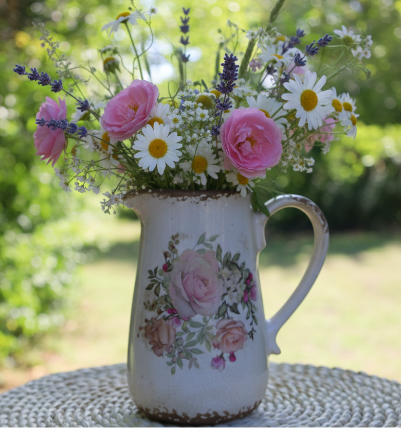 Dekorativer Krug mit Rosenmotiv im Cottage-Stil aus Keramik {{ Shabby Chic und Landhaus Deko }} {{ www.Stein-Alt.de }}