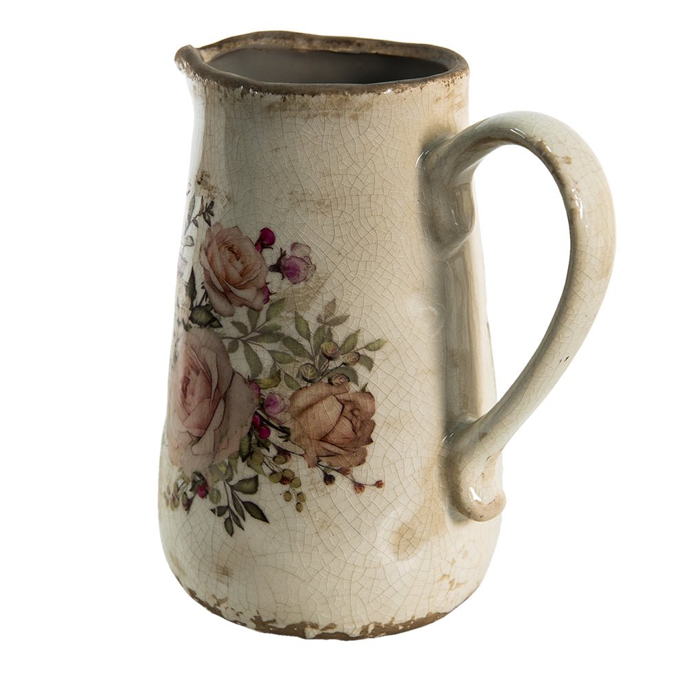 Dekorativer Krug mit Rosenmotiv im Cottage-Stil aus Keramik {{ Shabby Chic und Landhaus Deko }} {{ www.Stein-Alt.de }}