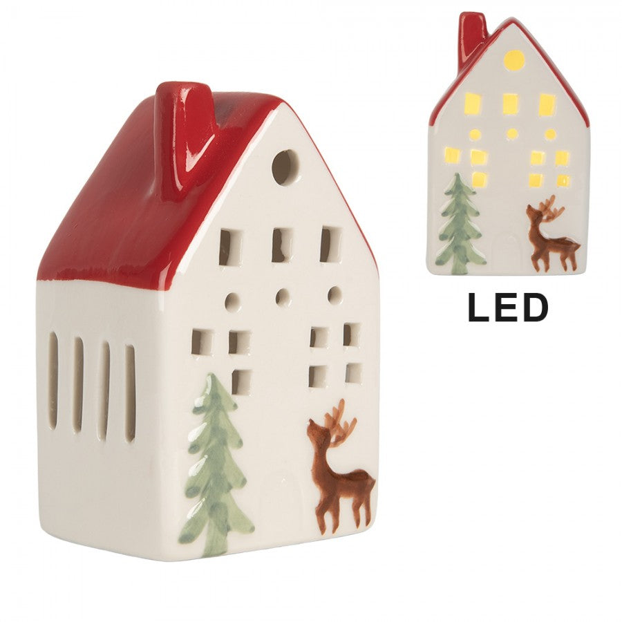 LED Lichterhaus Keramik Weiß - Winterliches Häuschen 6x5x10cm
