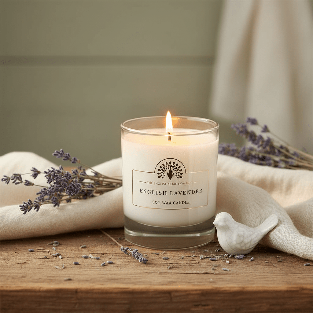 Duftkerze im Glas – Englischer Lavendel auf Sojawachsbasis, 35 Std. Brenndauer {{ Shabby Chic und Landhaus Deko }} {{ www.Stein-Alt.de }}