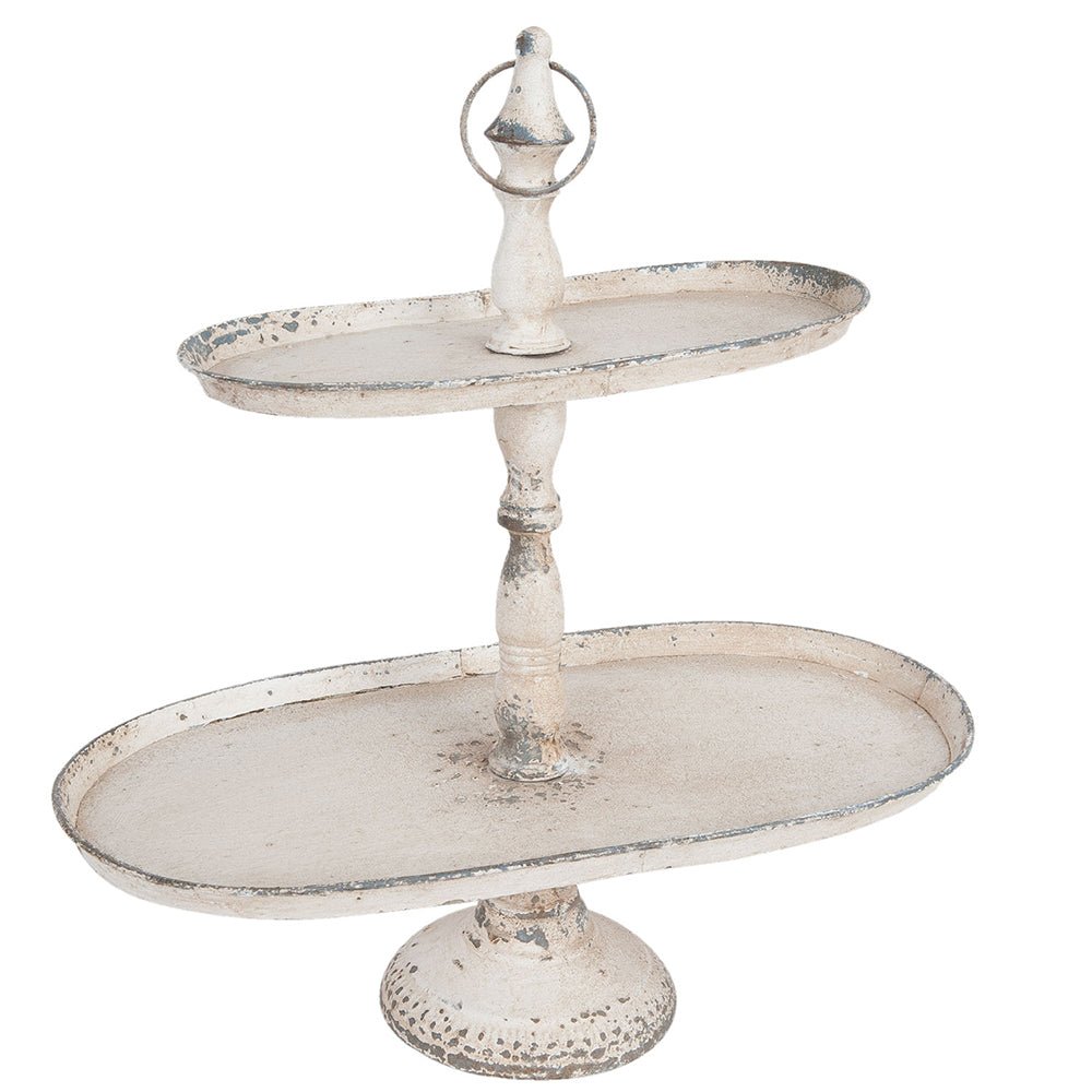 Etagere aus Metall, oval zweistöckig in Grau-Weiß, dekorativ im Shabby Chic Stil {{ Shabby Chic und Landhaus Deko }} {{ www.Stein-Alt.de }}