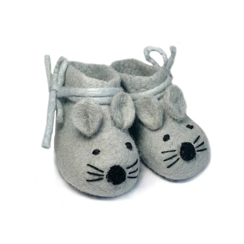 Pantofole per neonati a forma di topo / scarpe in feltro per neonati in grigio topo realizzate in feltro di lana al 100%