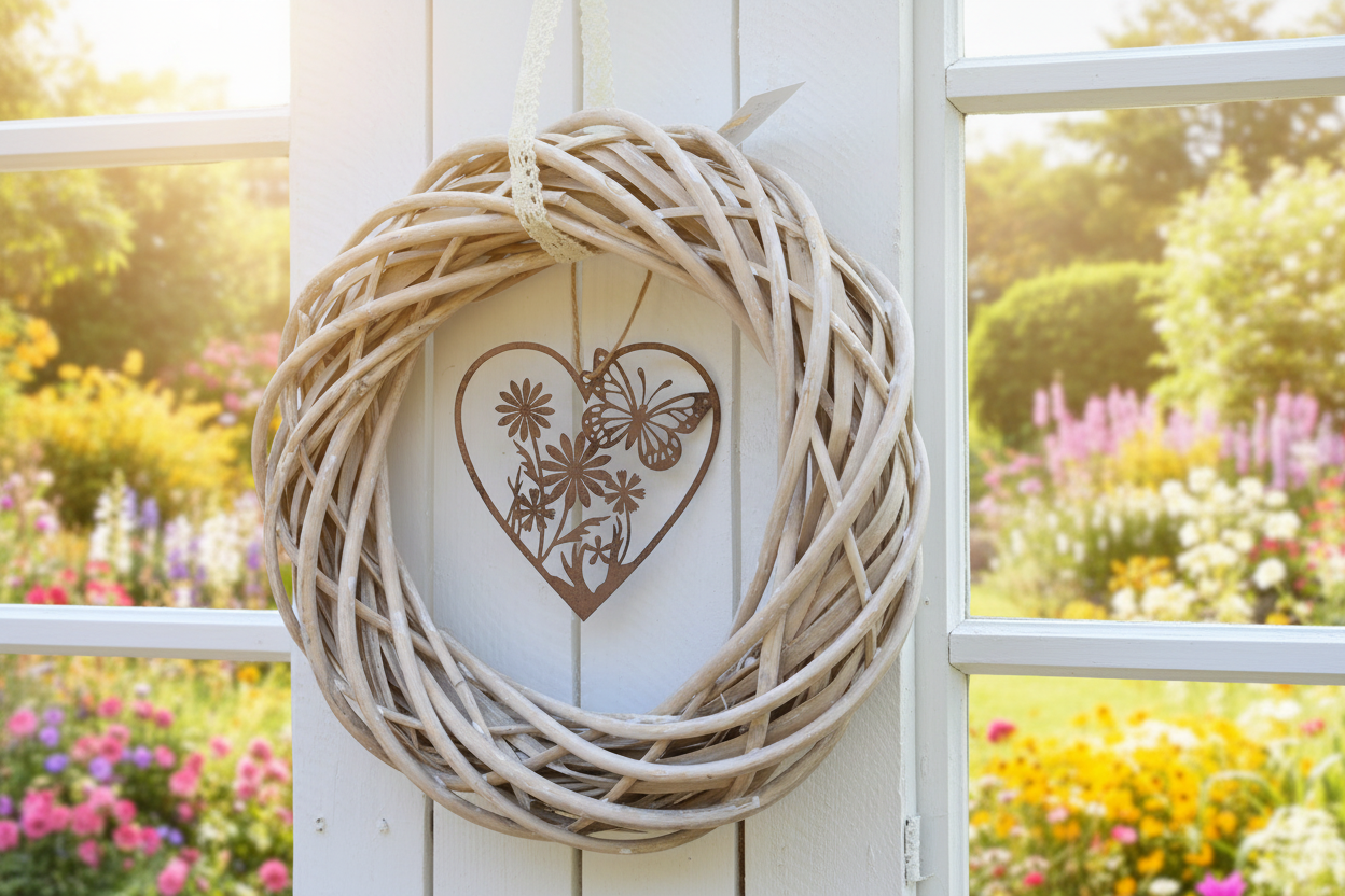 Fensterschmuck: Herz-Anhänger Edelrost mit Schmetterling und Blumen - Deko Landhausstil {{ Shabby Chic und Landhaus Deko }} {{ www.Stein-Alt.de }}