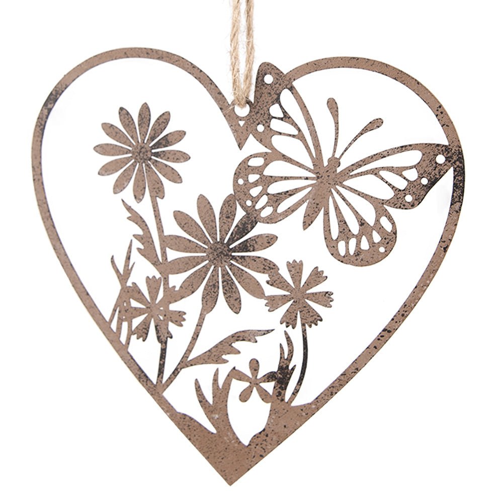 Fensterschmuck: Herz-Anhänger Edelrost mit Schmetterling und Blumen - Deko Landhausstil {{ Shabby Chic und Landhaus Deko }} {{ www.Stein-Alt.de }}
