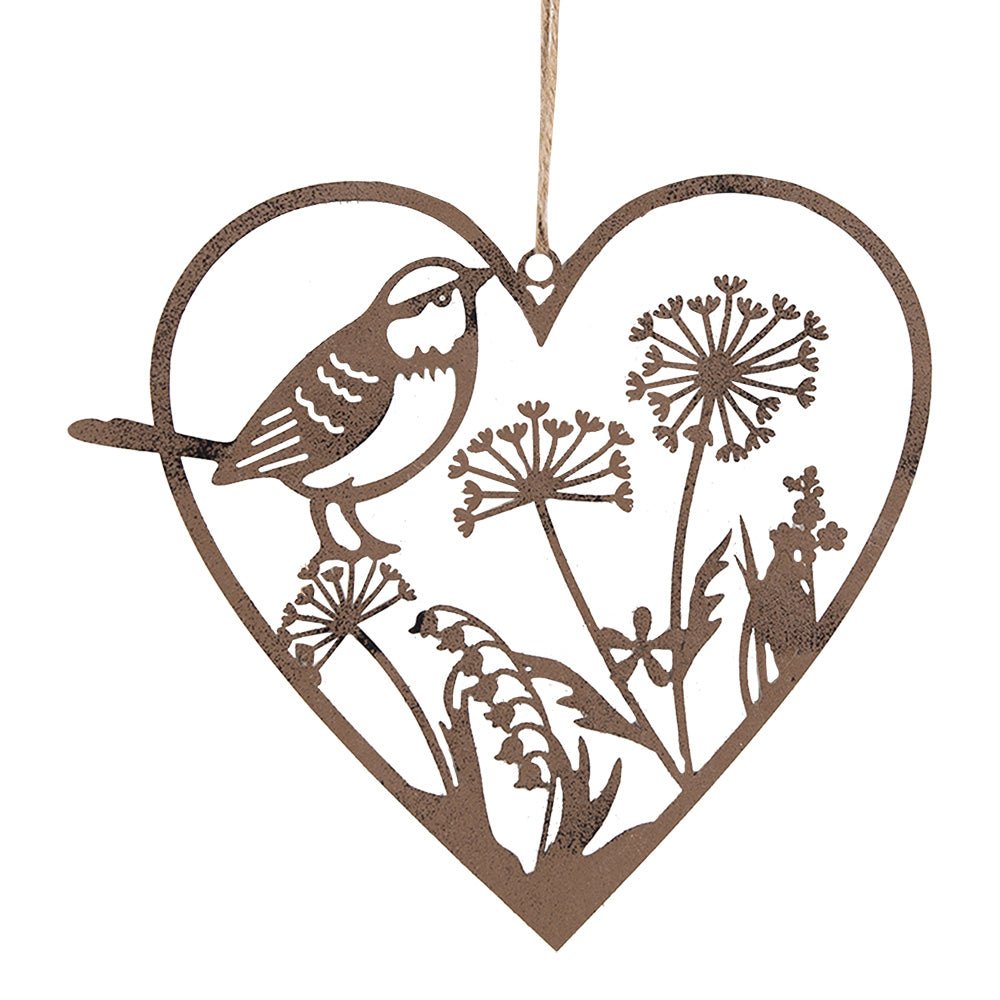 Fensterschmuck: Herz-Anhänger Edelrost mit Vogel und Blumen Landhausstil {{ Shabby Chic und Landhaus Deko }} {{ www.Stein-Alt.de }}