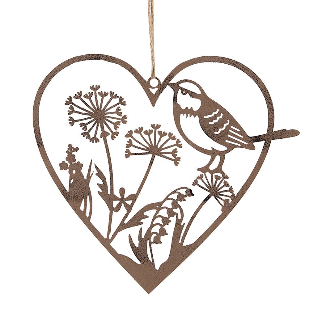 Fensterschmuck: Herz-Anhänger Edelrost mit Vogel und Blumen Landhausstil {{ Shabby Chic und Landhaus Deko }} {{ www.Stein-Alt.de }}