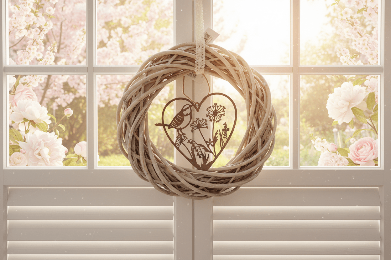 Fensterschmuck: Herz-Anhänger Edelrost mit Vogel und Blumen Landhausstil {{ Shabby Chic und Landhaus Deko }} {{ www.Stein-Alt.de }}