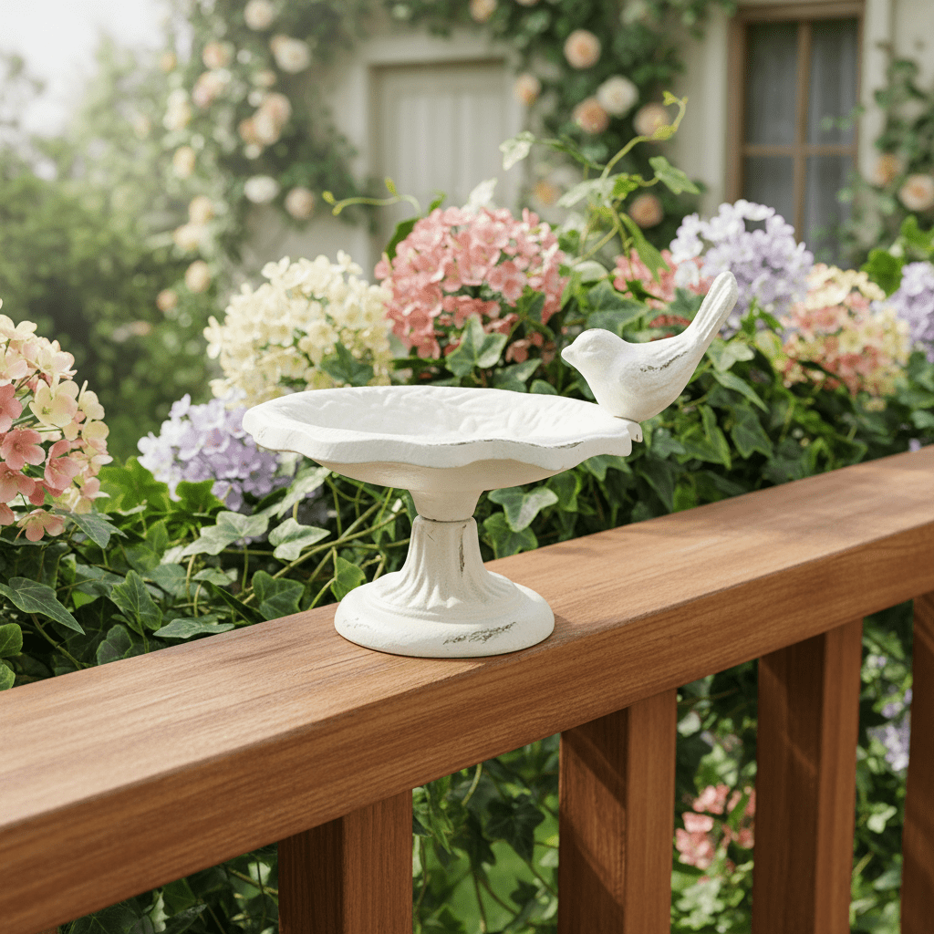 Garten-Deko im Shabby Chic Stil aus Eisen in Weiß, Insektenränke mit Vogel {{ Shabby Chic und Landhaus Deko }} {{ www.Stein-Alt.de }}