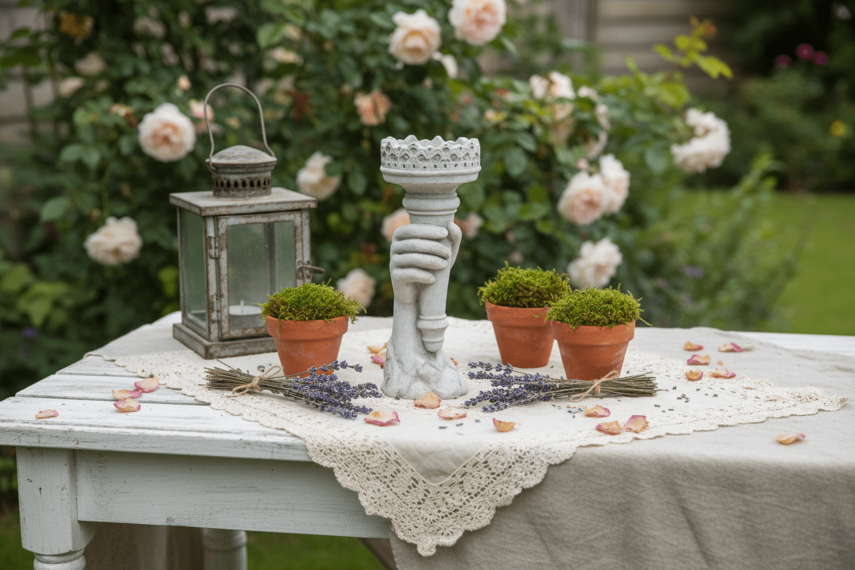 Garten-Deko in Grau, im Landhausstil aus Steinguss, Fackel mit Kerzenhalter {{ Shabby Chic und Landhaus Deko }} {{ www.Stein-Alt.de }}