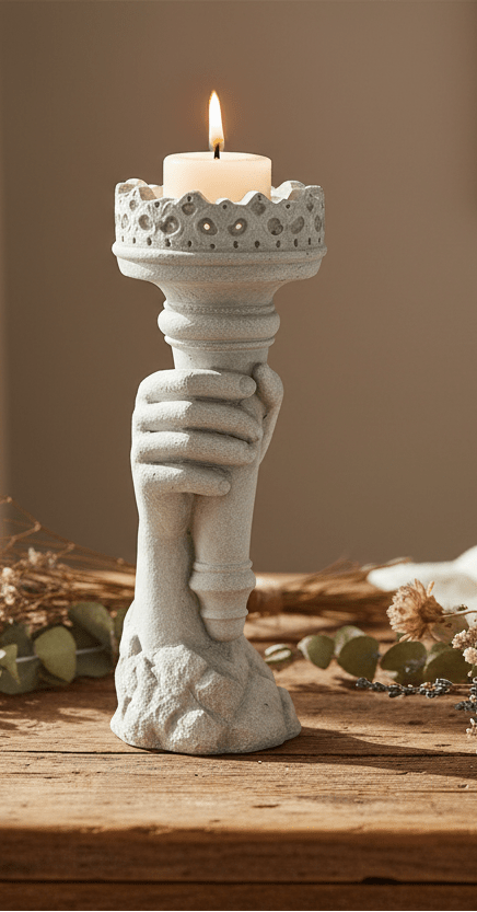Garten-Deko in Grau, im Landhausstil aus Steinguss, Fackel mit Kerzenhalter {{ Shabby Chic und Landhaus Deko }} {{ www.Stein-Alt.de }}