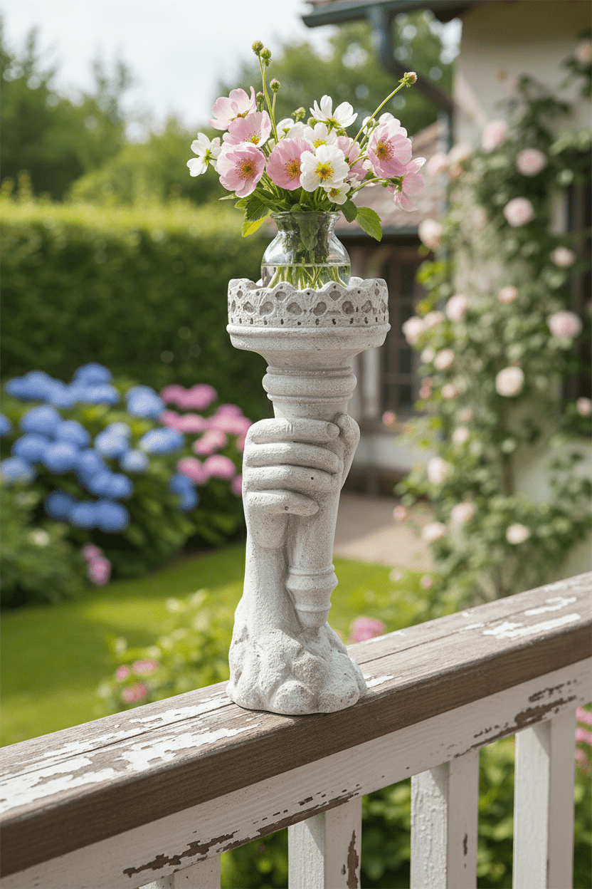 Garten-Deko in Grau, im Landhausstil aus Steinguss, Fackel mit Kerzenhalter {{ Shabby Chic und Landhaus Deko }} {{ www.Stein-Alt.de }}