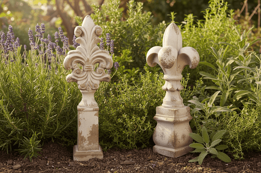 Gartendekoration Stele Französische Lilie – Zarte Blüte | Magnesiumoxid {{ Shabby Chic und Landhaus Deko }} {{ www.Stein-Alt.de }}