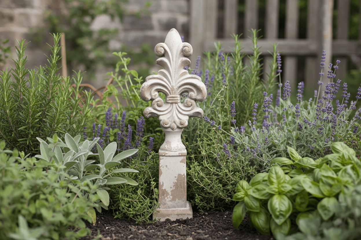 Gartendekoration Stele Französische Lilie – Zarte Blüte | Magnesiumoxid {{ Shabby Chic und Landhaus Deko }} {{ www.Stein-Alt.de }}