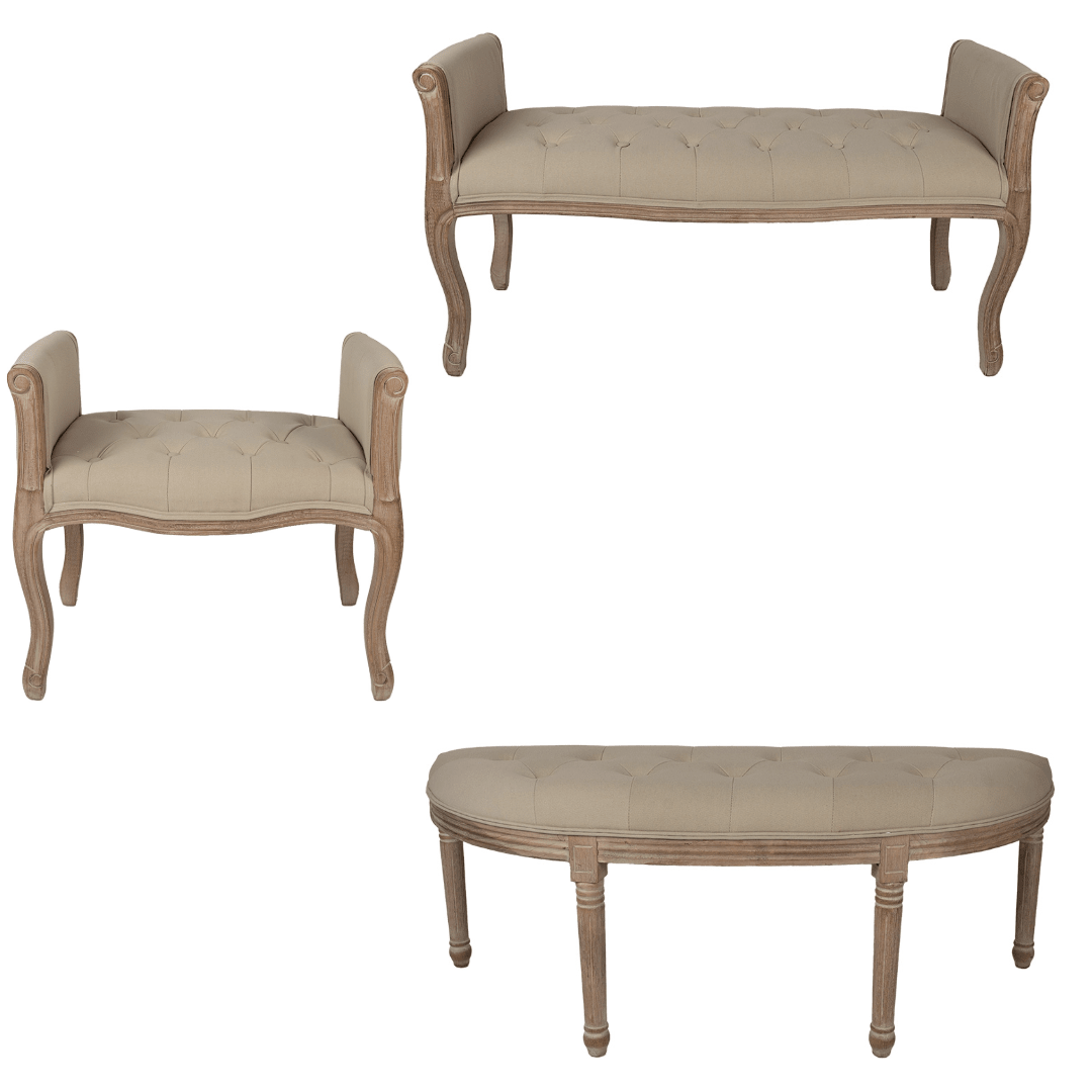 Gepolsterte Sitzbank: Filigran aus Holz in Beige-Braun {{ Shabby Chic und Landhaus Deko }} {{ www.Stein-Alt.de }}