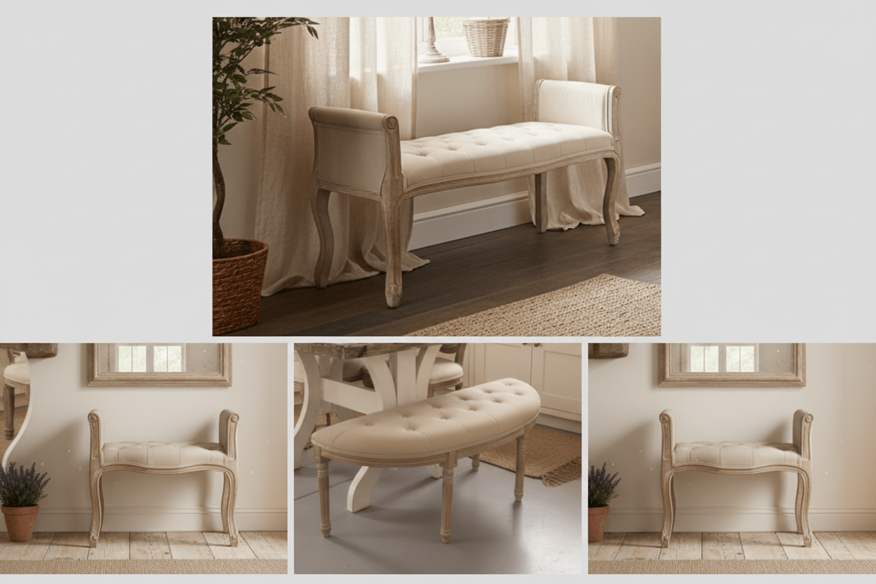 Gepolsterte Sitzbank: Filigran aus Holz in Beige-Braun {{ Shabby Chic und Landhaus Deko }} {{ www.Stein-Alt.de }}