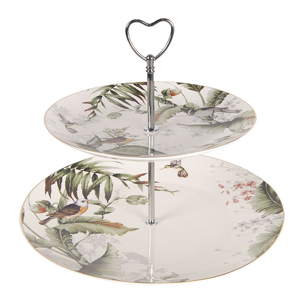 Geschirr aus Porzellan, Pflanzen und Vogelmotiv in Grün-Weiß, Mix & Match Etagere {{ Shabby Chic und Landhaus Deko }} {{ www.Stein-Alt.de }}