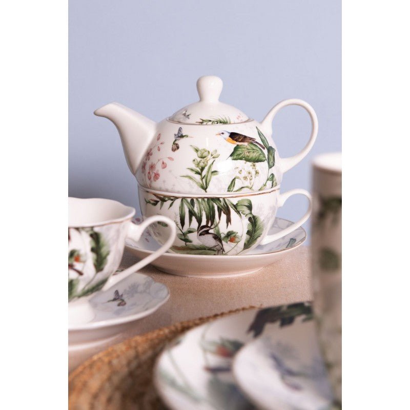 Geschirr aus Porzellan, Pflanzen und Vogelmotiv in Grün-Weiß, Mix & Match {{ Shabby Chic und Landhaus Deko }} {{ www.Stein-Alt.de }}