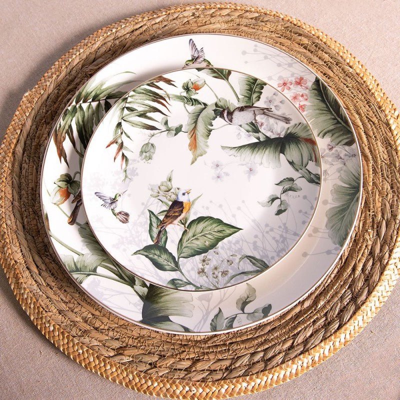 Geschirr aus Porzellan, Pflanzen und Vogelmotiv in Grün-Weiß, Mix & Match {{ Shabby Chic und Landhaus Deko }} {{ www.Stein-Alt.de }}