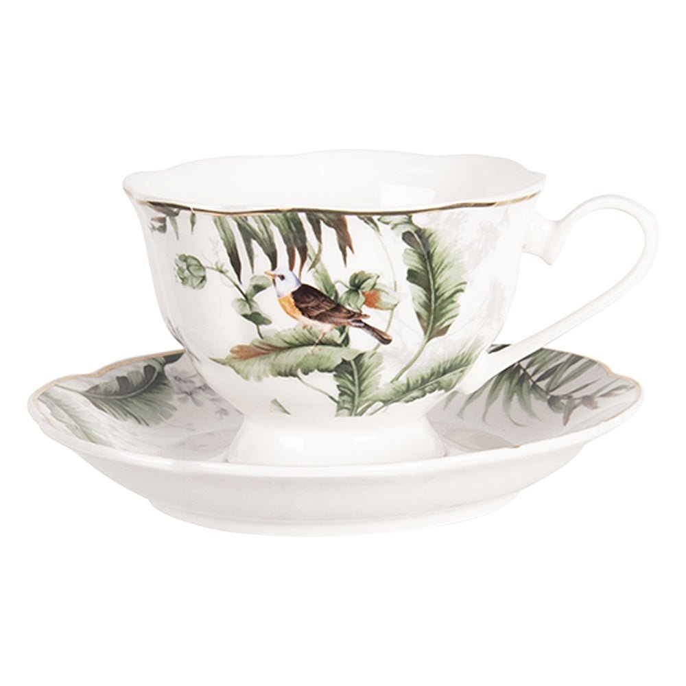Geschirr aus Porzellan, Pflanzen und Vogelmotiv in Grün-Weiß, Mix & Match Tasse mit Untertasse {{ Shabby Chic und Landhaus Deko }} {{ www.Stein-Alt.de }}
