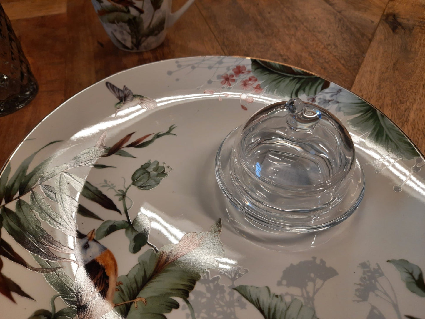 Butterdose Glas mit Vogelgriff - Landhausstil Transparent Rund {{ Shabby Chic und Landhaus Deko }} {{ www.Stein-Alt.de }}