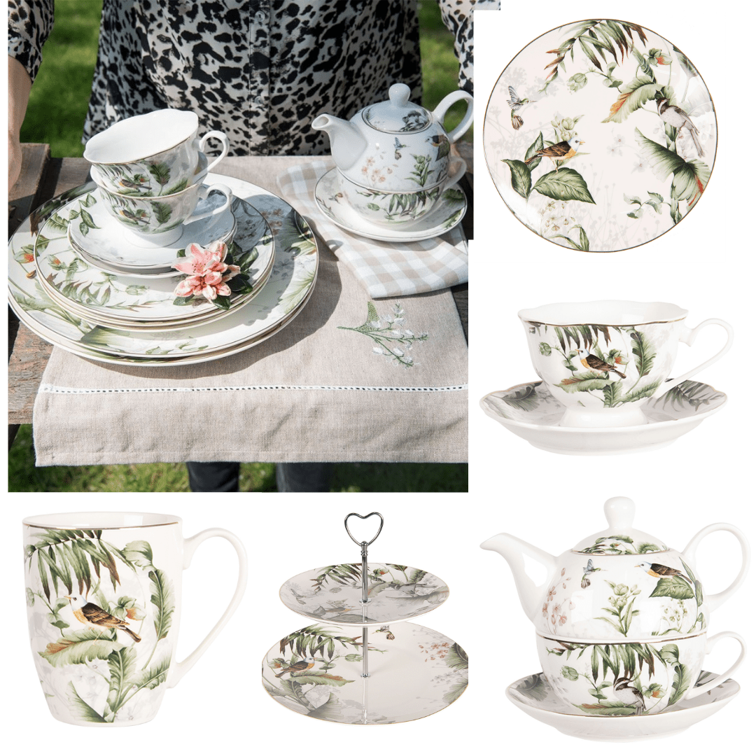 Geschirr aus Porzellan, Pflanzen und Vogelmotiv in Grün-Weiß, Mix & Match {{ Shabby Chic und Landhaus Deko }} {{ www.Stein-Alt.de }}